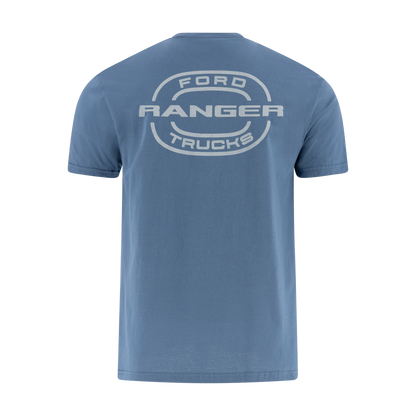 Blue t-shirt with 'Ford Ranger Trucks' logo on the back against a white background