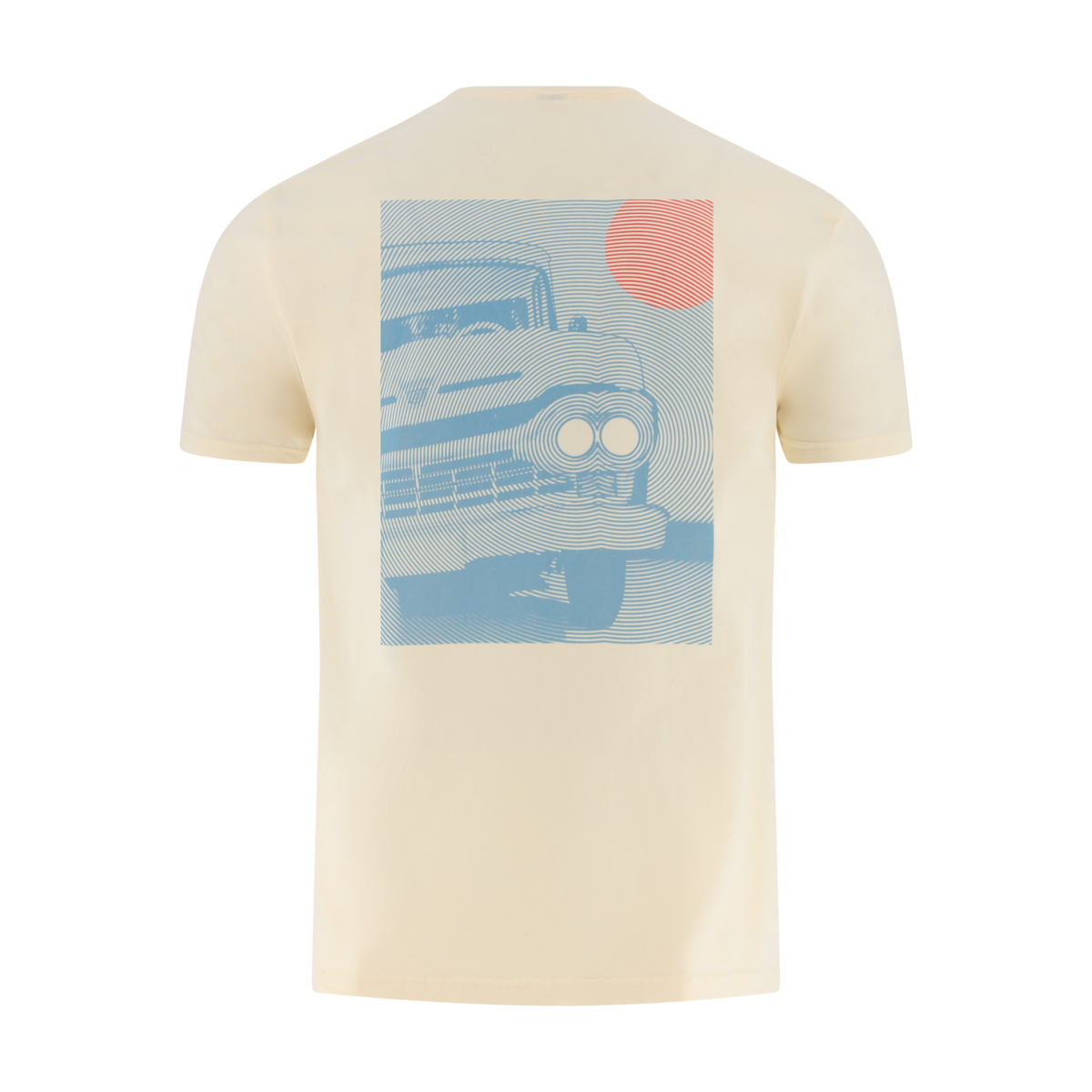 Beige t-shirt with a graphic of a blue ford truck car on a white background