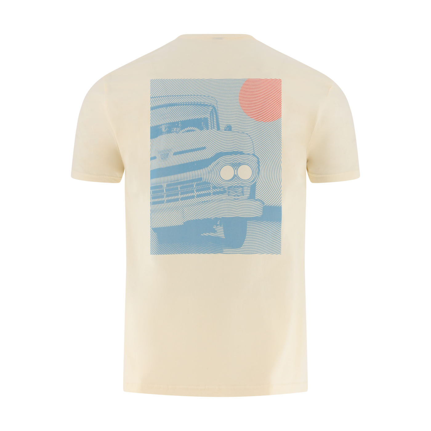 Beige t-shirt with a graphic of a blue ford truck car on a white background