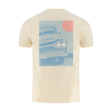 Beige t-shirt with a graphic of a blue ford truck car on a white background