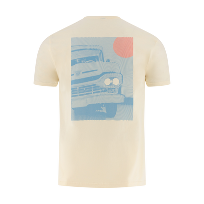 Beige t-shirt with a graphic of a blue ford truck car on a white background