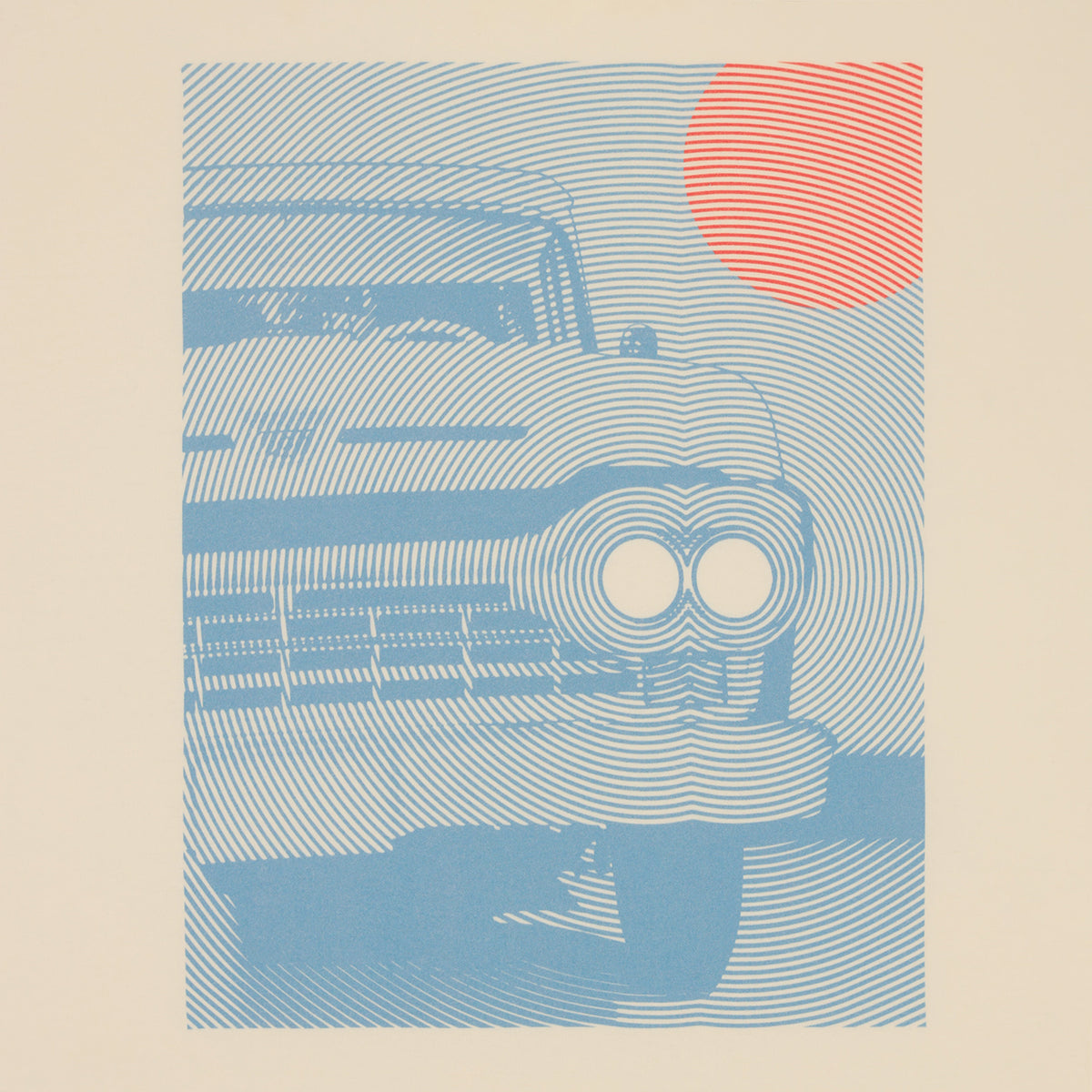 Illustration of a ford truck car with a red sun on a beige background