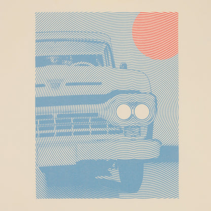 Illustration of a ford truck car with a red sun on a beige background