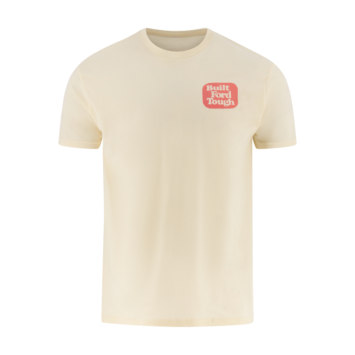 Beige t-shirt with a red and white built ford tough logo on a white background