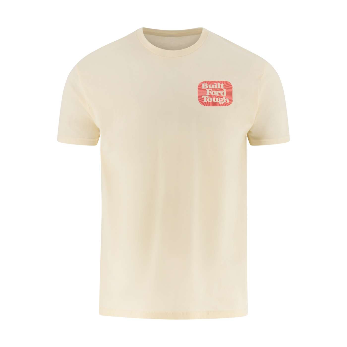 Beige t-shirt with a red and white built ford tough logo on a white background