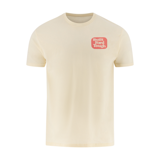 Beige t-shirt with a red and white built ford tough logo on a white background