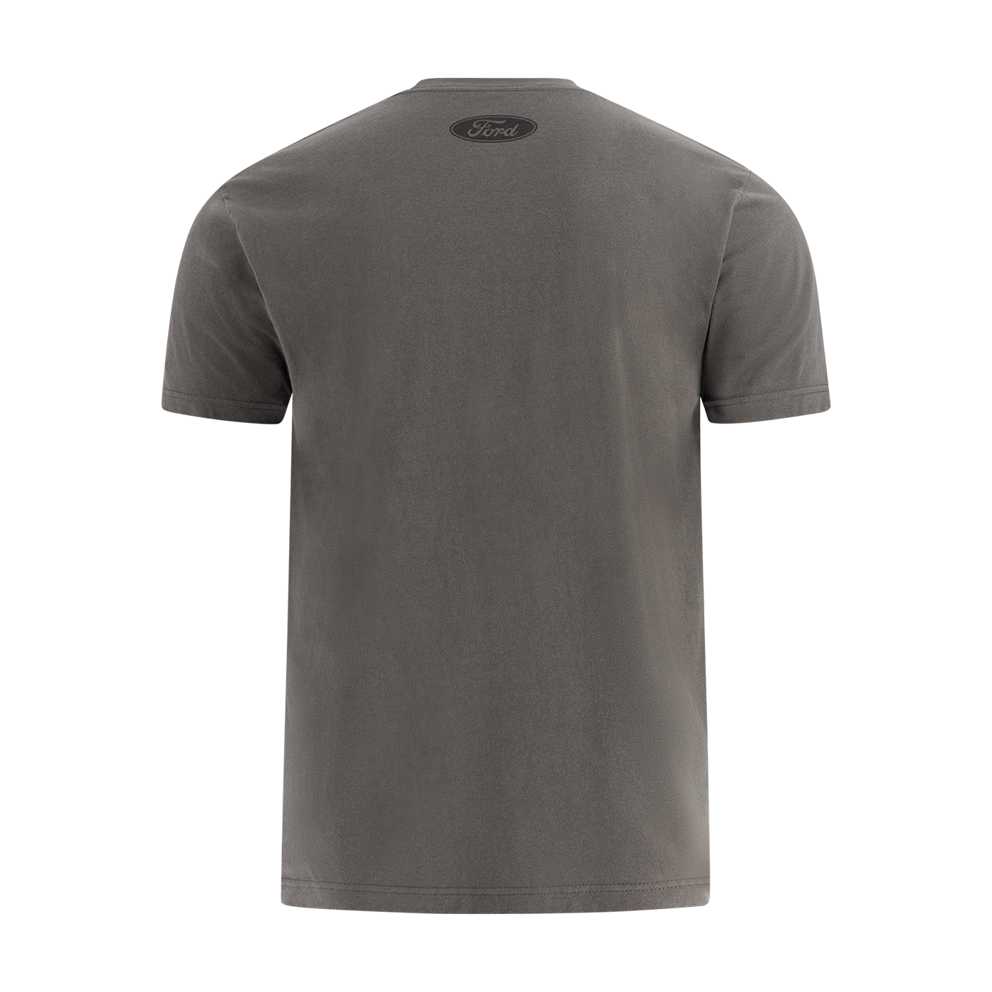 back of a gray t-shirt with a ford oval at the neck