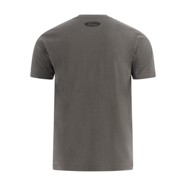 back of a gray t-shirt with a ford oval at the neck