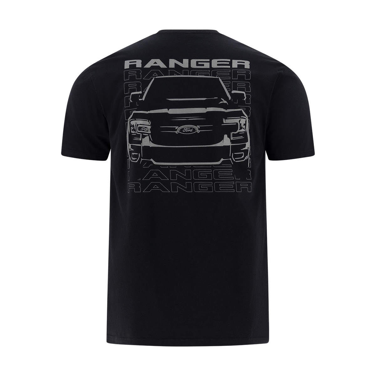 ranger graphic and text in gray on a black t-shirrt