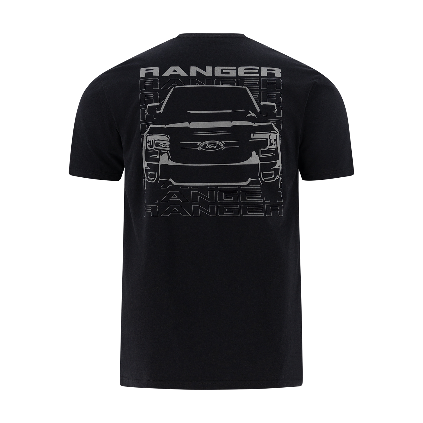 ranger graphic and text in gray on a black t-shirrt