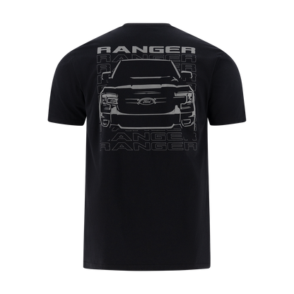 ranger graphic and text in gray on a black t-shirrt