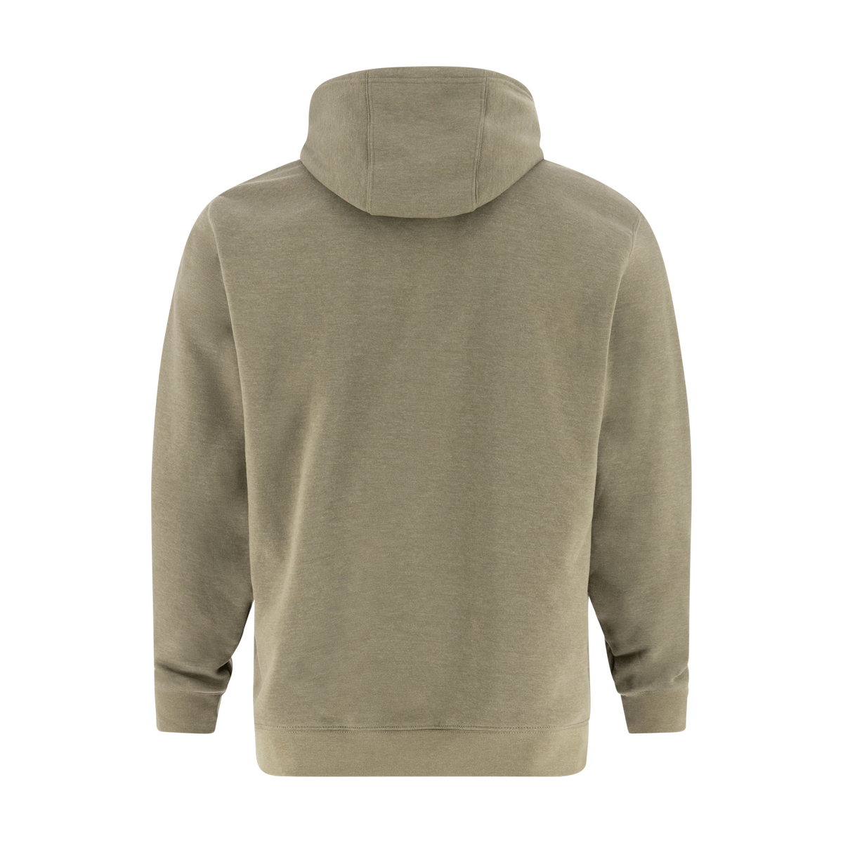 Back view of a plain green hoodie on a white background