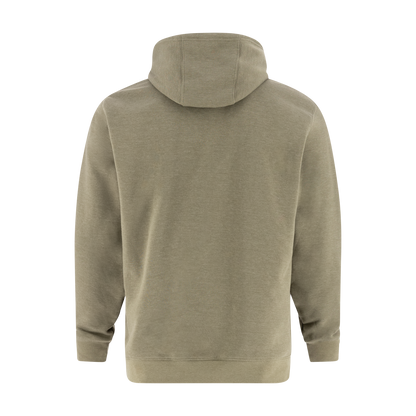 Back view of a plain green hoodie on a white background