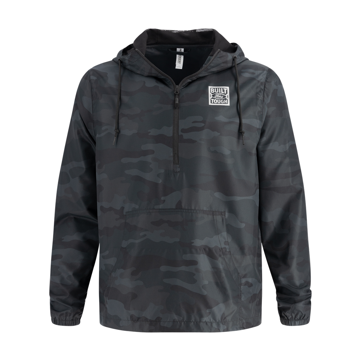 Camouflage jacket with a built ford tough brand logo on a white background
