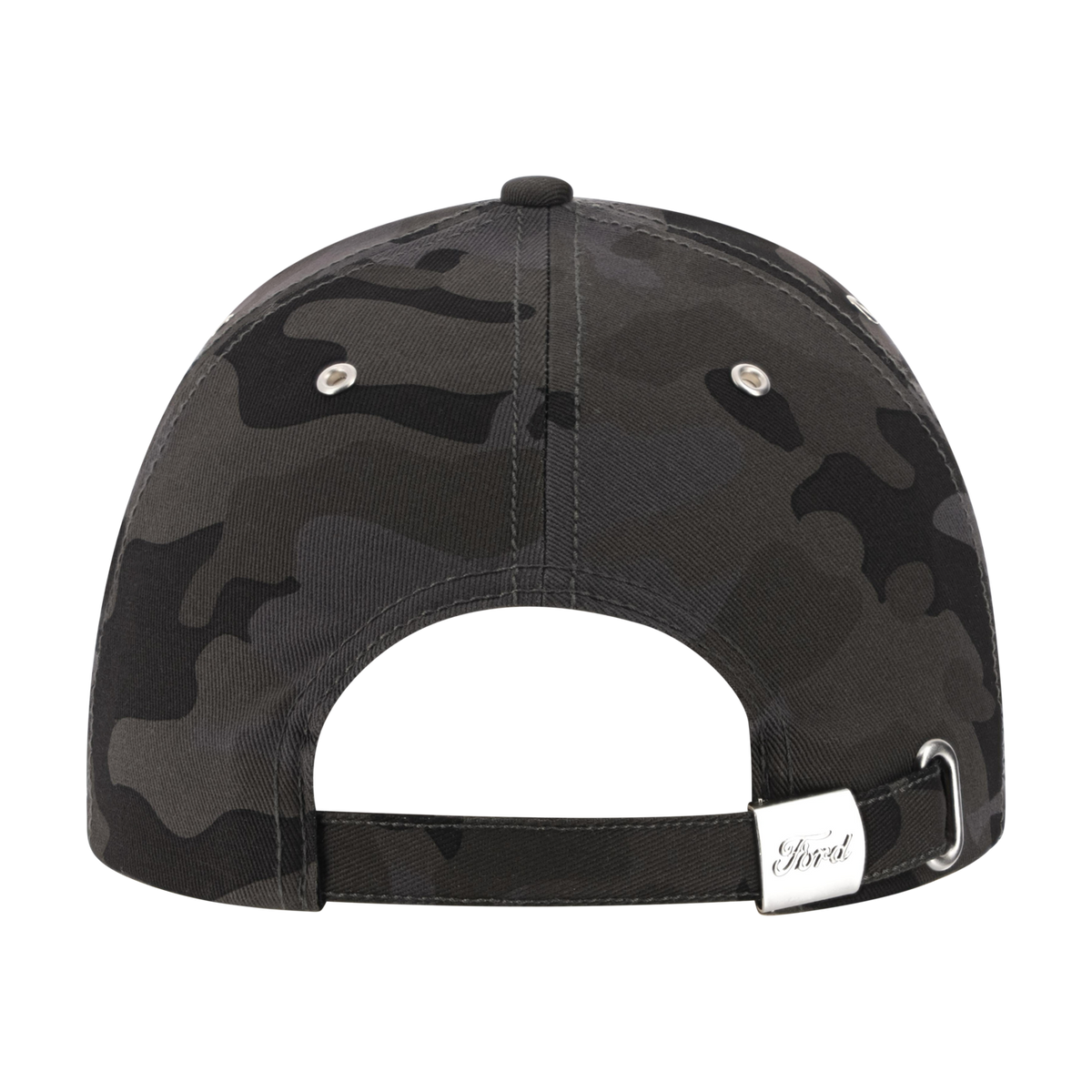 Black camouflage baseball cap with a ford brand logo on a white background