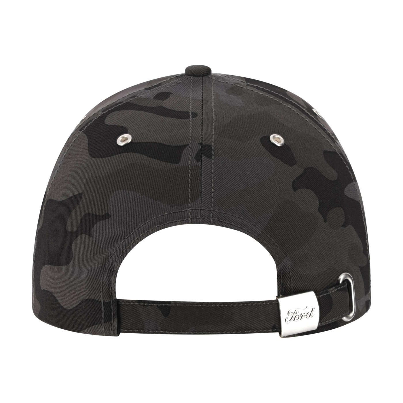 Black camouflage baseball cap with a ford brand logo on a white background