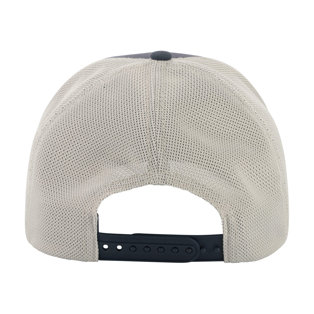 Back view of a beige cap with a black strap on a white background