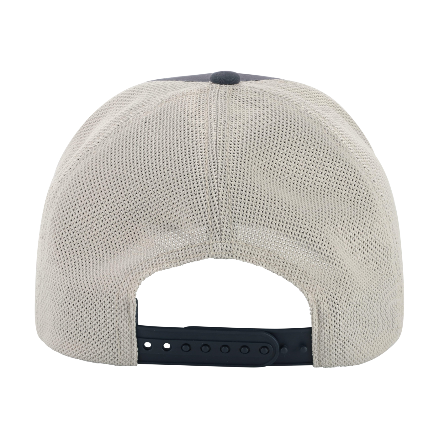 Back view of a beige cap with a black strap on a white background