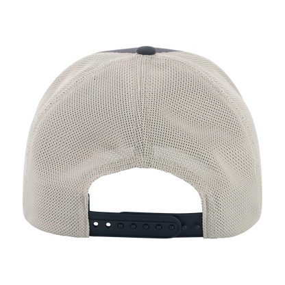 Back view of a beige cap with a black strap on a white background