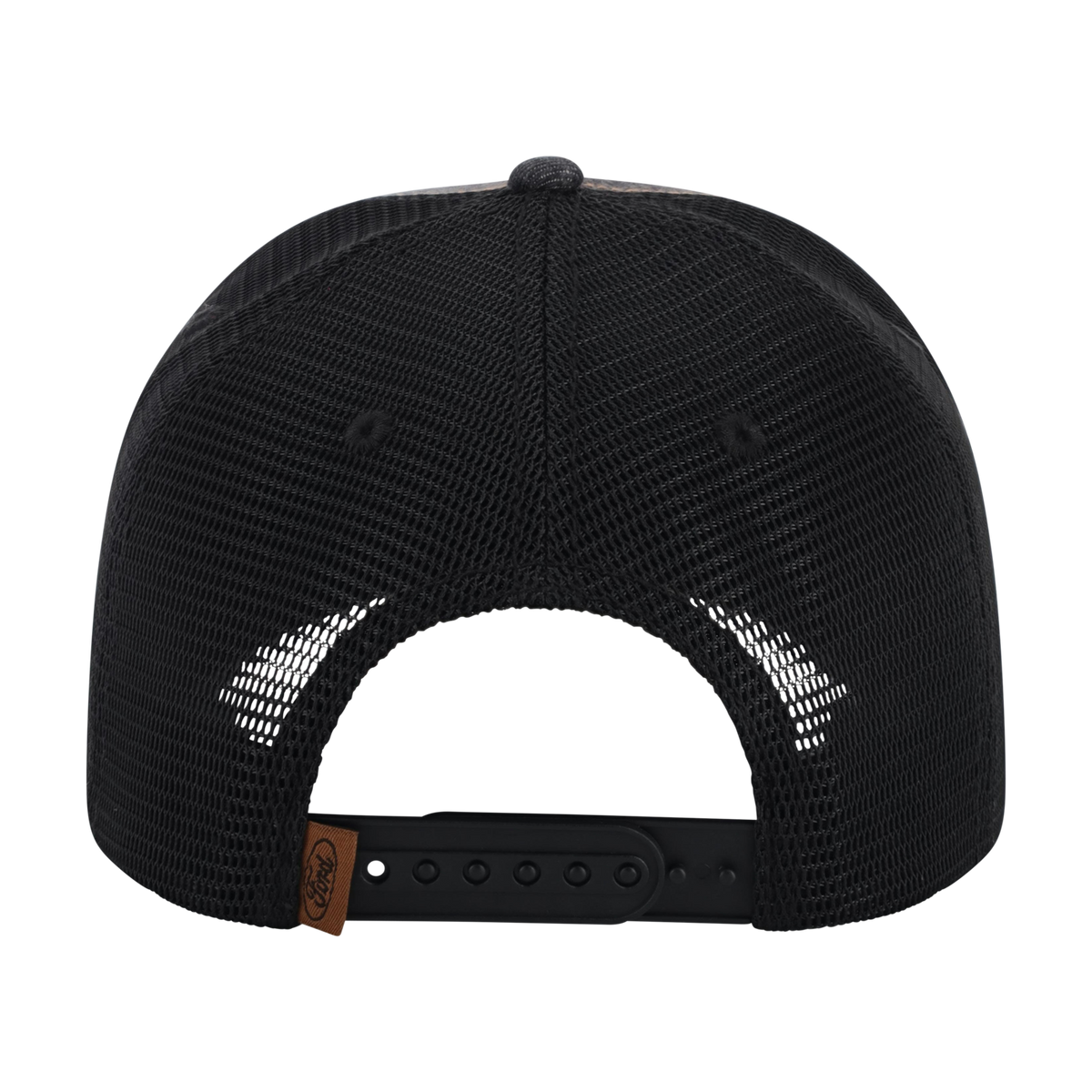 Black mesh cap with a brown leather strap on a white background