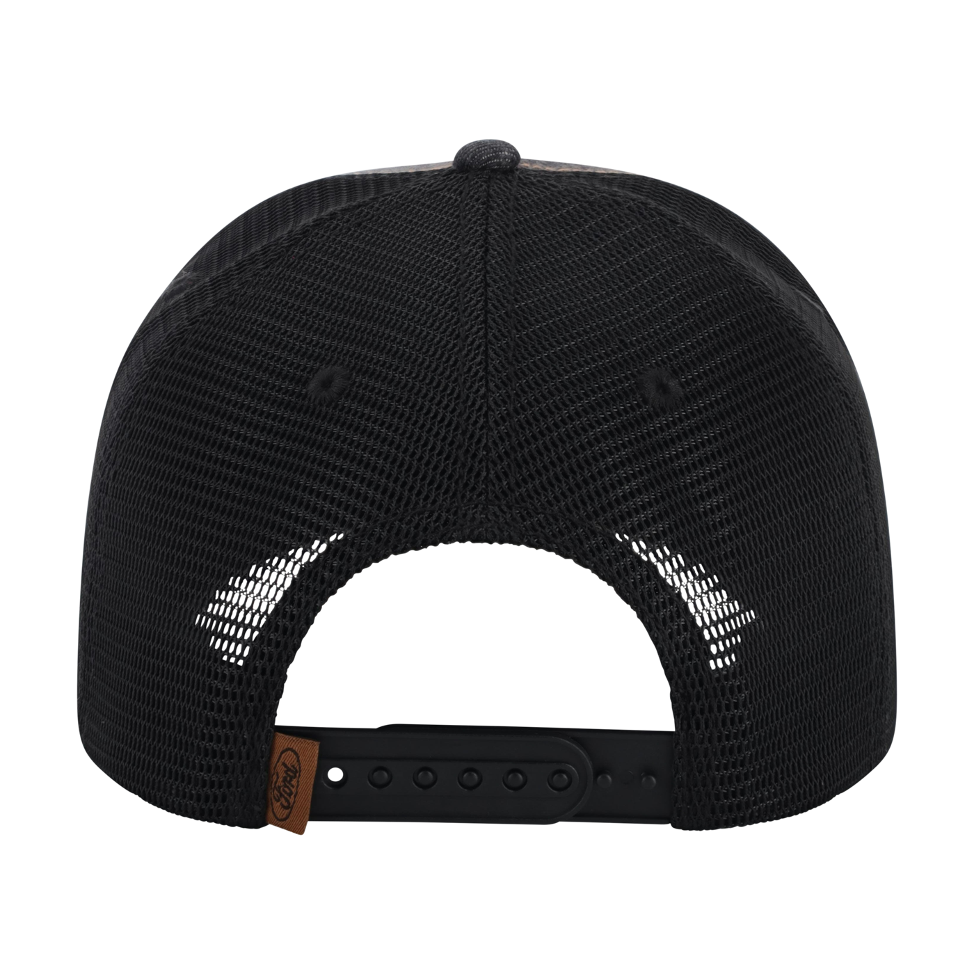Black mesh cap with a brown leather strap on a white background