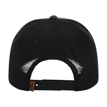 Black mesh cap with a brown leather strap on a white background