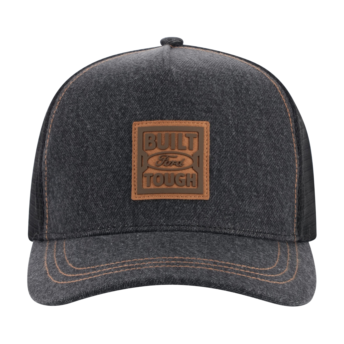 Dark gray cap with a brown leather Built Ford Tough patch on a white background
