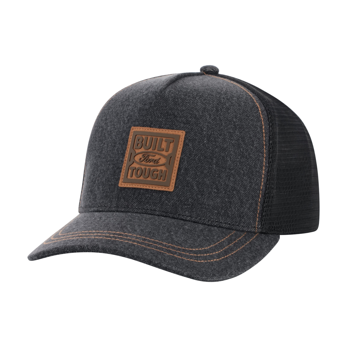 Dark gray cap with brown leather Built Ford Tough patch on a white background