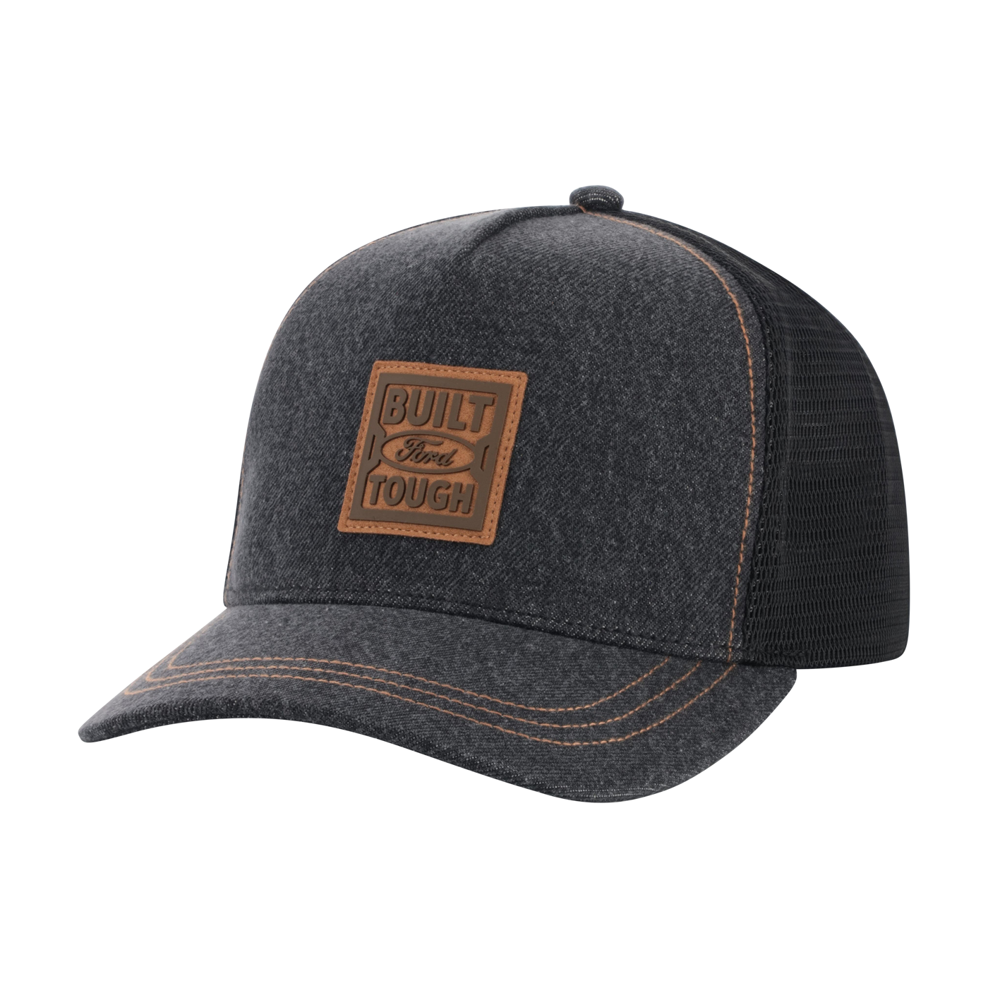 Dark gray cap with brown leather Built Ford Tough patch on a white background