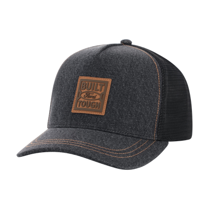 Dark gray cap with brown leather Built Ford Tough patch on a white background