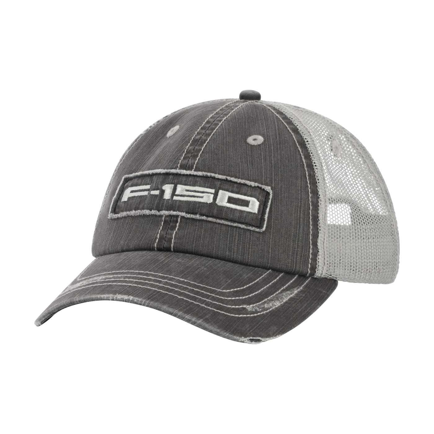 Gray and white cap with F-150 logo on a white background