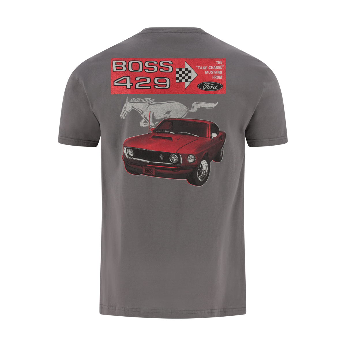 Gray t-shirt with a red Mustang car graphic and 'Boss 429' text on a white background