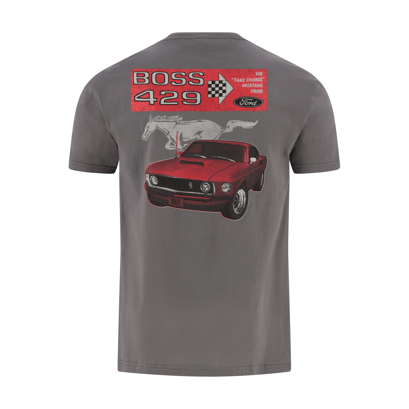 Gray t-shirt with a red Mustang car graphic and 'Boss 429' text on a white background