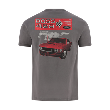 Gray t-shirt with a red Mustang car graphic and 'Boss 429' text on a white background