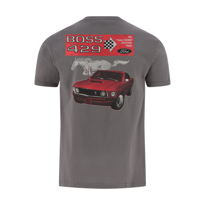 Gray t-shirt with a red Mustang car graphic and 'Boss 429' text on a white background