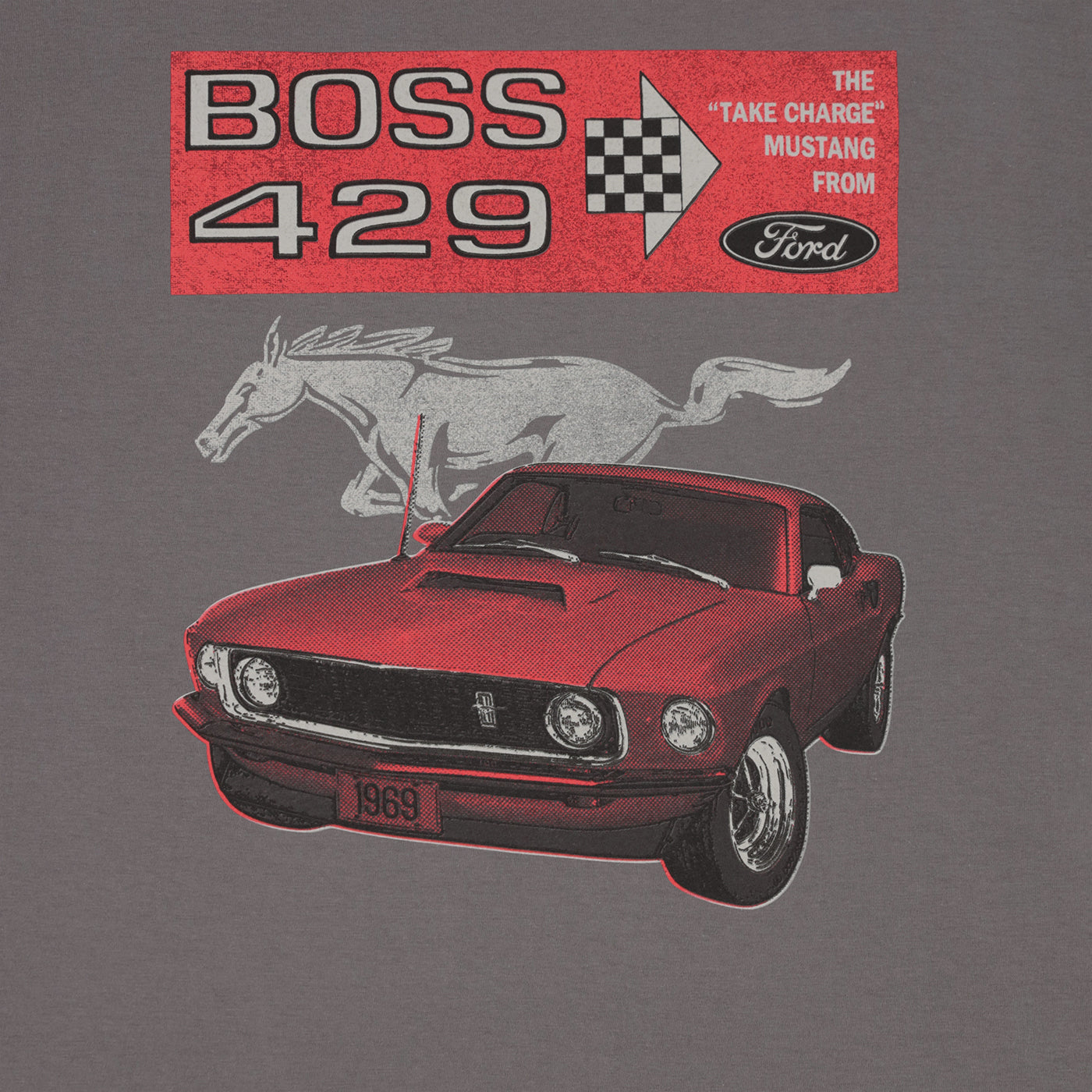 Vintage-style graphic of a red Mustang Boss 429 on a gray background with Ford logo.