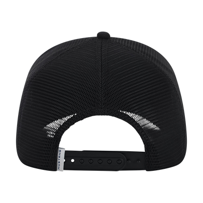 Black mesh cap with a brand logo on the back on a white background