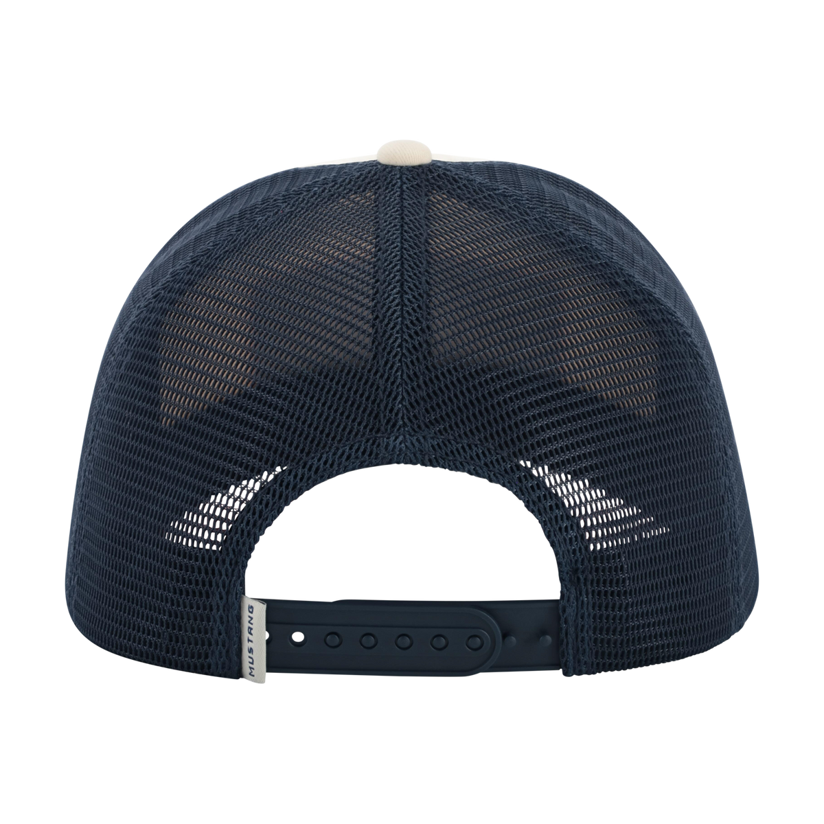 Navy blue mesh cap with a white brim on a white background