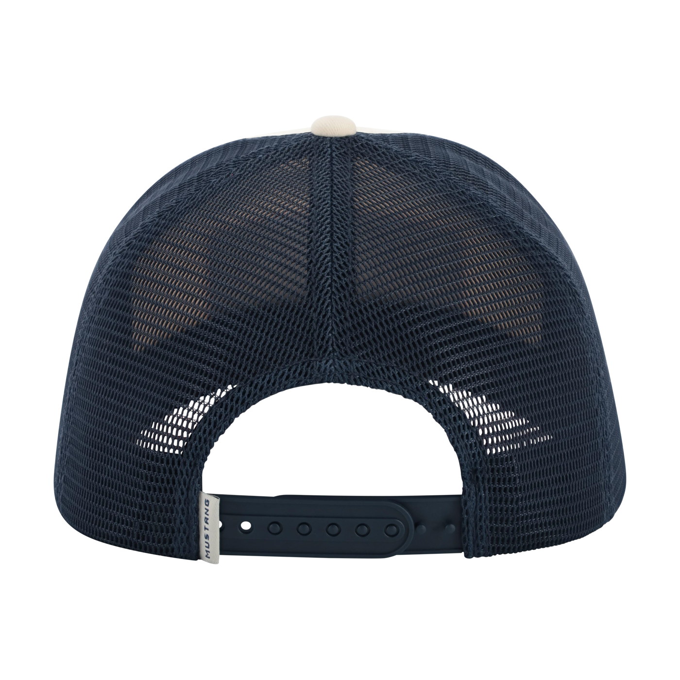 Navy blue mesh cap with a white brim on a white background