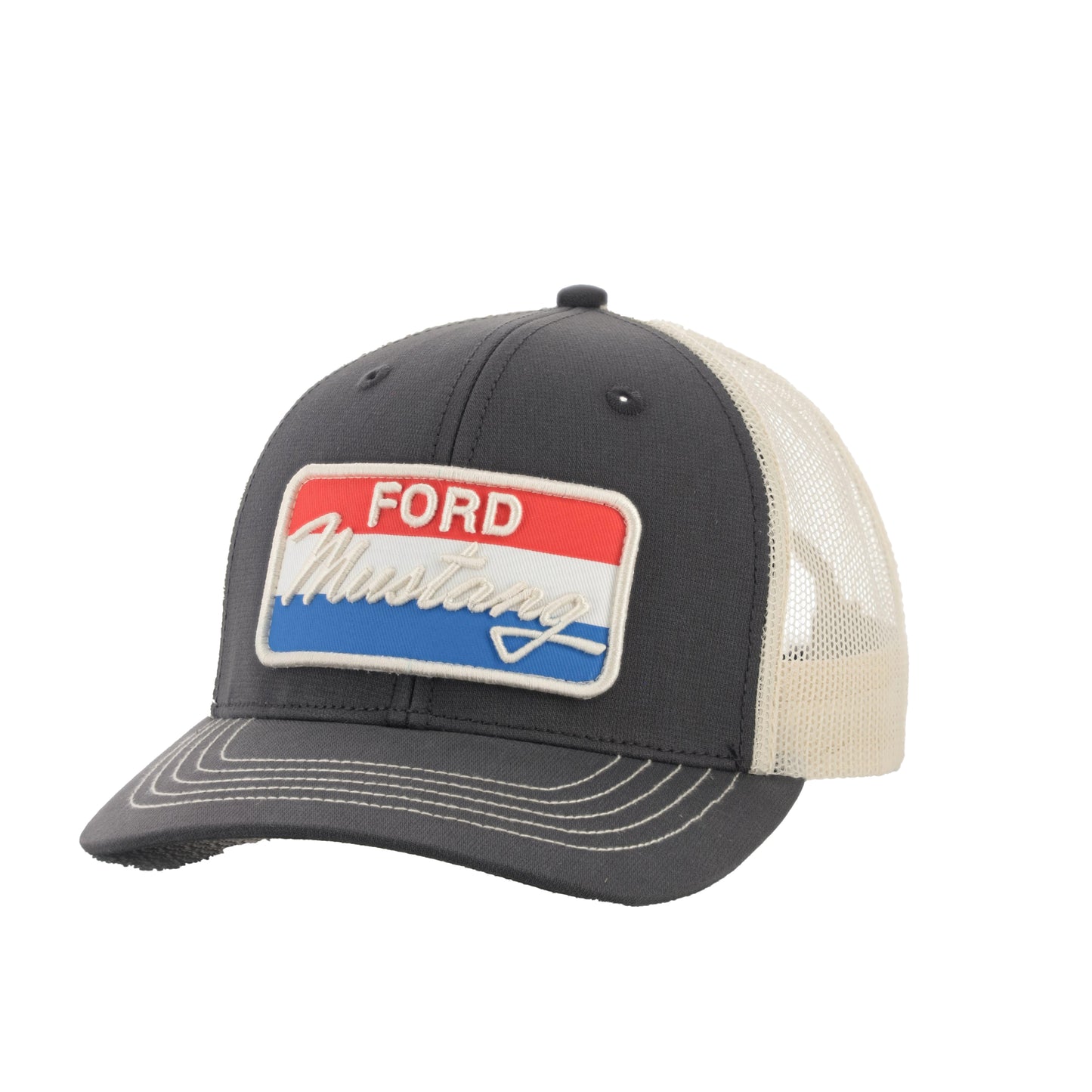 Black and beige cap with Ford Mustang logo on a white background