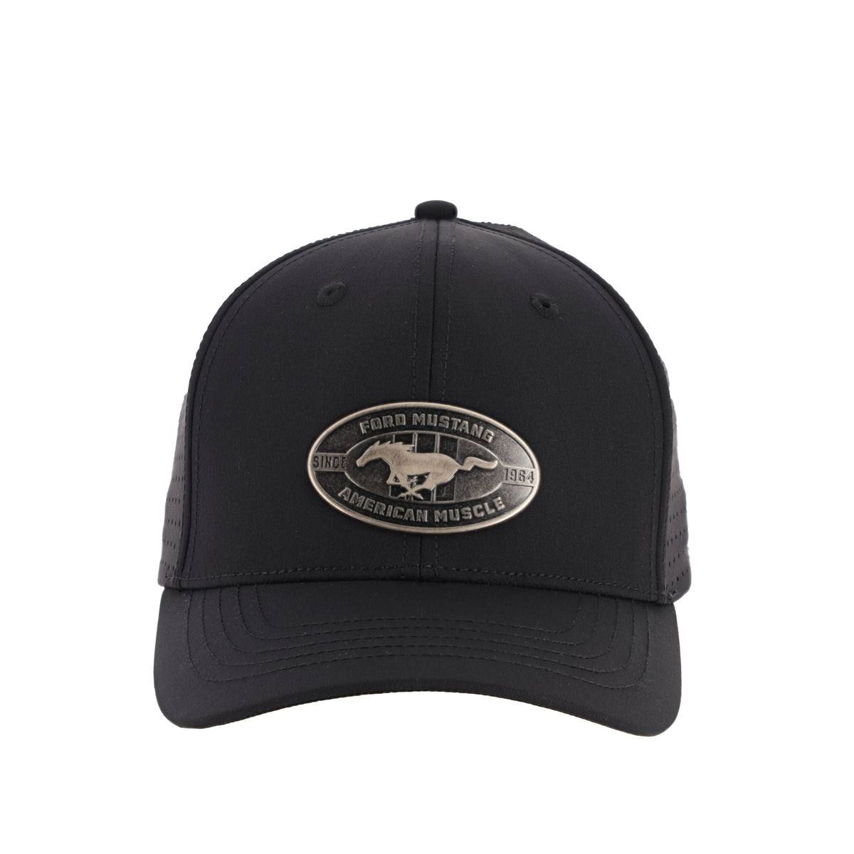 Black cap with Ford Mustang logo on a white background