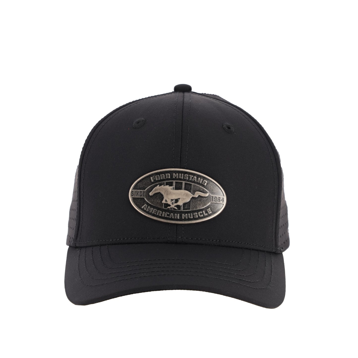 Black cap with Ford Mustang logo on a white background