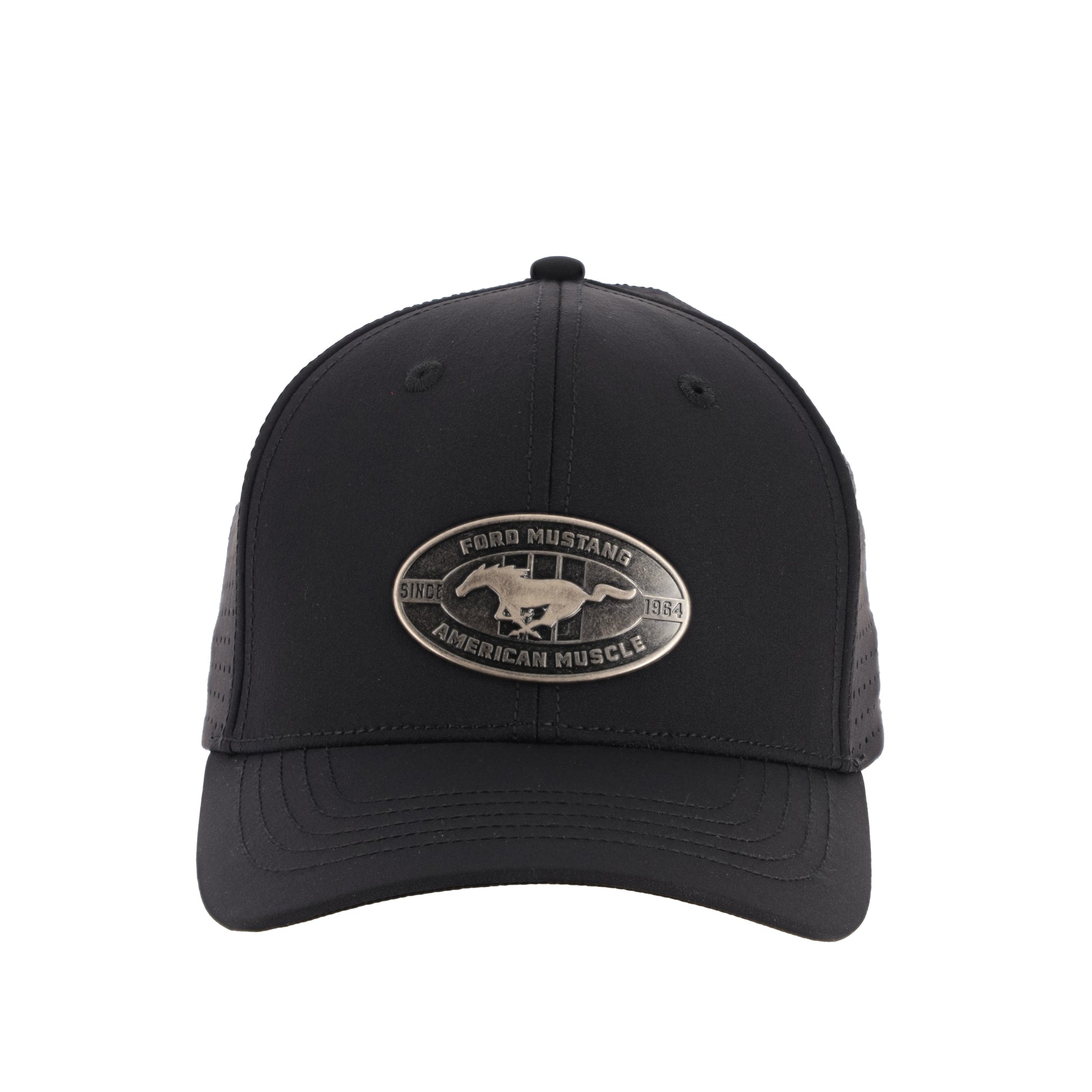 Black cap with Ford Mustang logo on a white background
