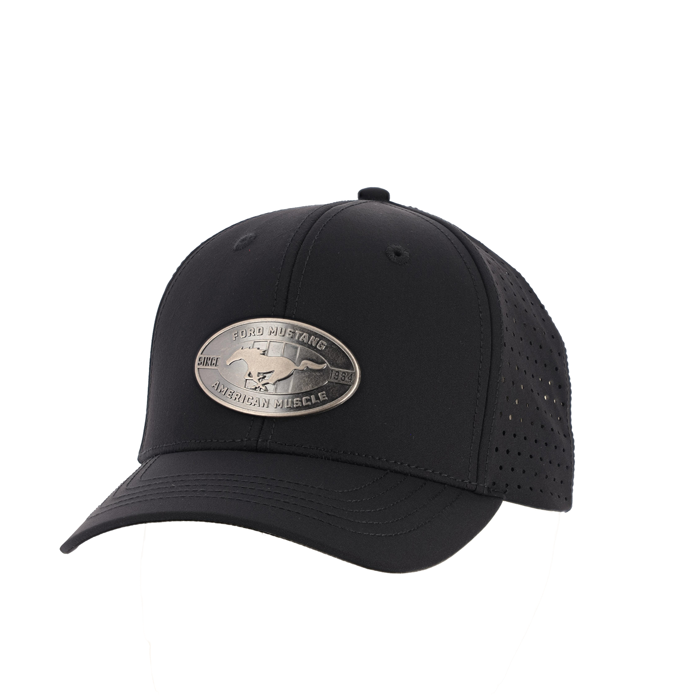 Black cap with a metallic logo on a white background