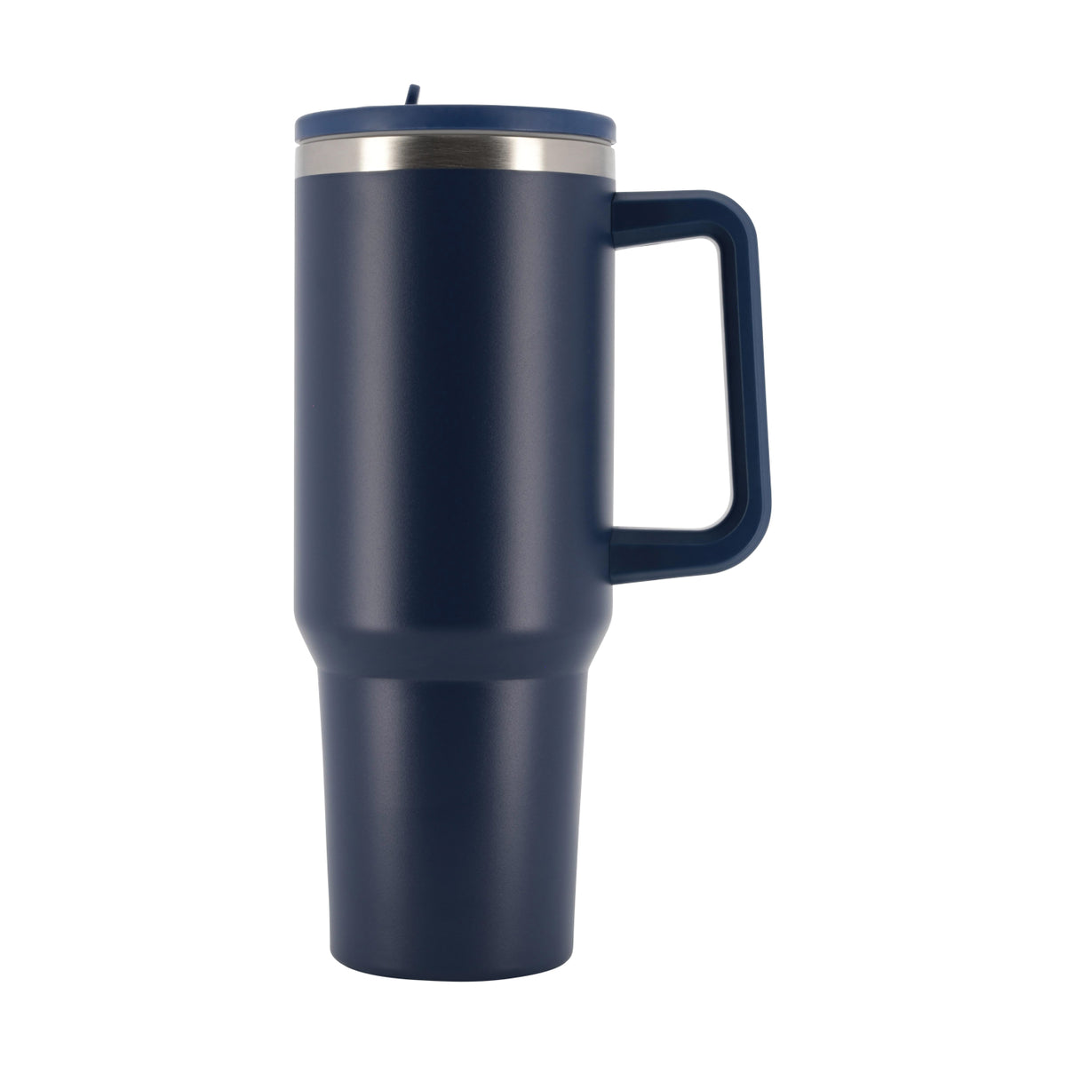 A matte dark blue travel tumbler with a matching lid and integrated handle, shown on a clean white background.