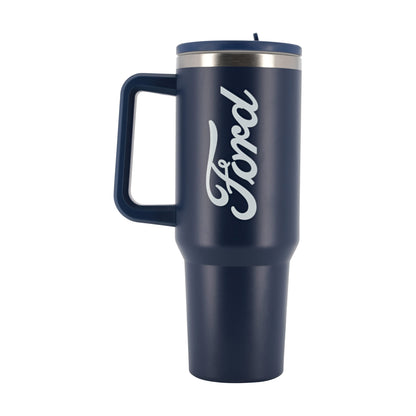 navy blue ford script tumbler on a white background