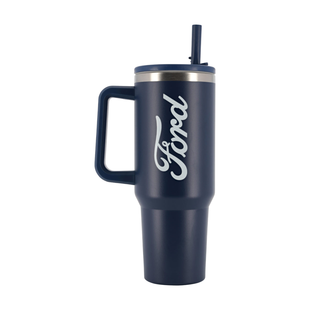 A navy blue insulated travel tumbler with a handle, a stainless steel rim, a navy lid with a straw, and a white 'Ford' script logo on the front, shown on a plain white background.
