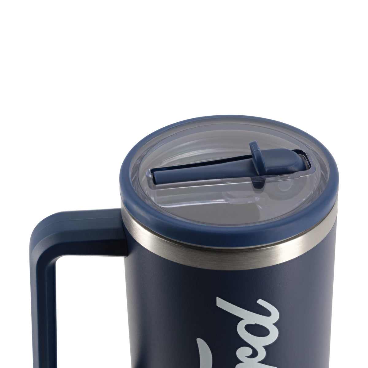 top of a navy blue Ford tumbler with a locked straw