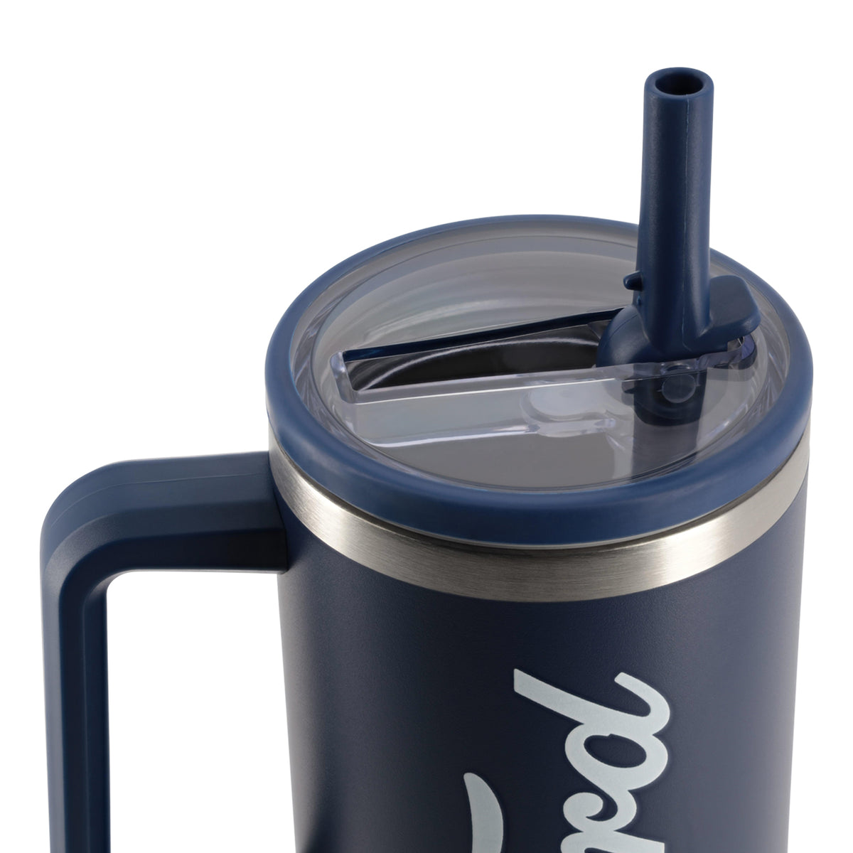 top of a navy blue ford tumbler with a straw sticking out and lid 