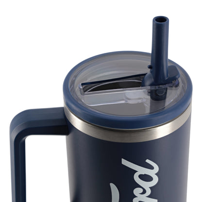 top of a navy blue ford tumbler with a straw sticking out and lid 